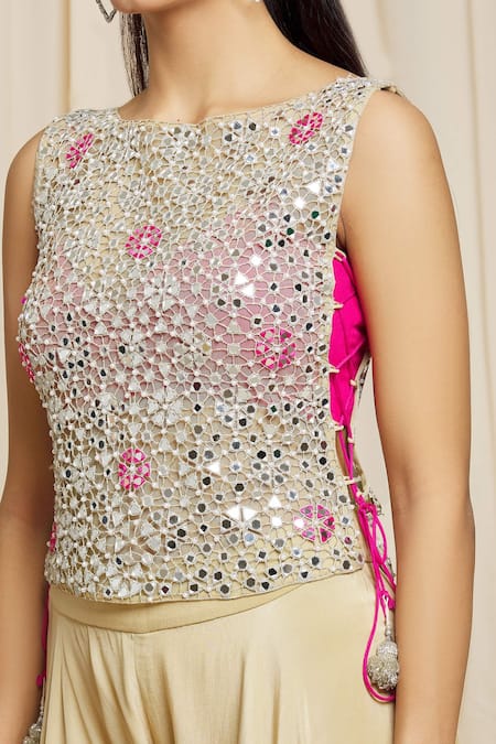 Shop Izzumi Mehta Beige Crepe Mirror Round Embroidered Top And Palazzo Set Online at Aza Fashions Shop_Izzumi Mehta_Beige Crepe Mirror Round Embroidered Top And Palazzo Set _Online_at_Aza_Fashions