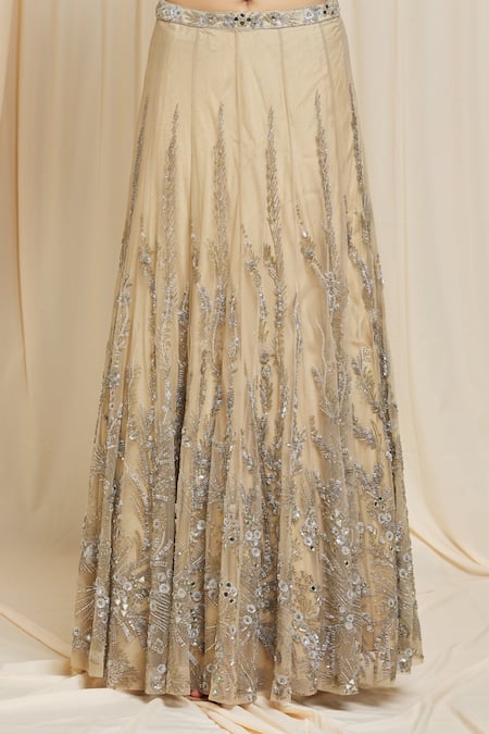 Izzumi Mehta Beige Net Floral Plunge V Neck Hand Embroidered Lehenga Choli Set Online at Aza Fashions Izzumi Mehta_Beige Net Floral Plunge V Neck Hand Embroidered Lehenga Choli Set _Online_at_Aza_Fashions