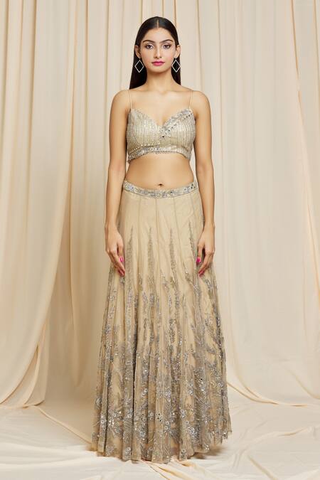 Buy Izzumi Mehta Beige Net Floral Plunge V Neck Hand Embroidered Lehenga Choli Set Online at Aza Fashions Buy_Izzumi Mehta_Beige Net Floral Plunge V Neck Hand Embroidered Lehenga Choli Set _Online_at_Aza_Fashions