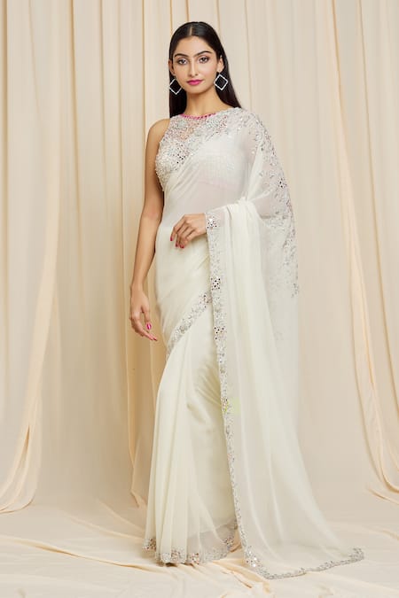 Buy Izzumi Mehta Ivory Georgette Cutwork, Mirror Round Hand Embroidered Saree With Blouse Online at Aza Fashions Buy_Izzumi Mehta_Ivory Georgette Cutwork, Mirror Round Hand Embroidered Saree With Blouse _Online_at_Aza_Fashions