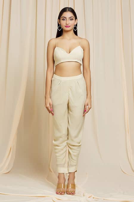 Izzumi Mehta Beige Net, Crepe Floral Plunge V Neck Hand Embroidered Jacket And Pant Set at Aza Fashions Izzumi Mehta_Beige Net, Crepe Floral Plunge V Neck Hand Embroidered Jacket And Pant Set _at_Aza_Fashions