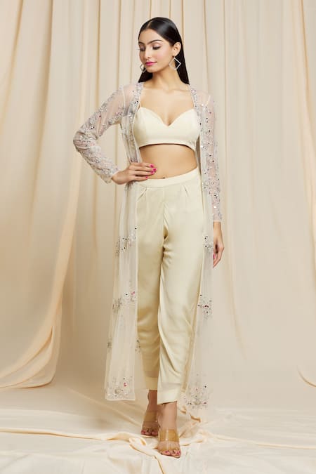 Buy Izzumi Mehta Beige Net, Crepe Floral Plunge V Neck Hand Embroidered Jacket And Pant Set Online at Aza Fashions Buy_Izzumi Mehta_Beige Net, Crepe Floral Plunge V Neck Hand Embroidered Jacket And Pant Set _Online_at_Aza_Fashions