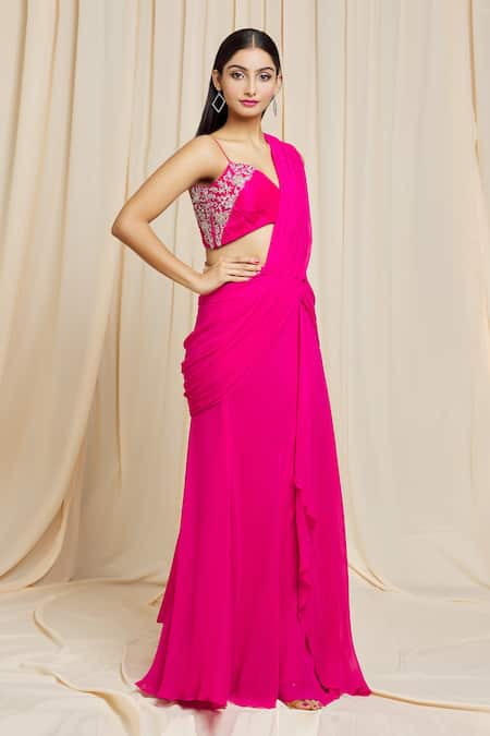 Buy Izzumi Mehta Pink Georgette Floral Plunge V Neck Embroidered Pre-stitched Saree With Blouse Online at Aza Fashions Buy_Izzumi Mehta_Pink Georgette Floral Plunge V Neck Embroidered Pre-stitched Saree With Blouse _Online_at_Aza_Fashions