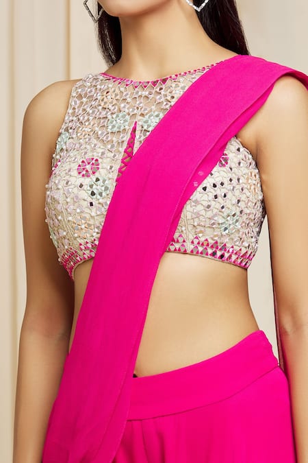 Izzumi Mehta Pink Georgette Mirror Round Hand Embroidered Pant Saree at Aza Fashions Izzumi Mehta_Pink Georgette Mirror Round Hand Embroidered Pant Saree _at_Aza_Fashions