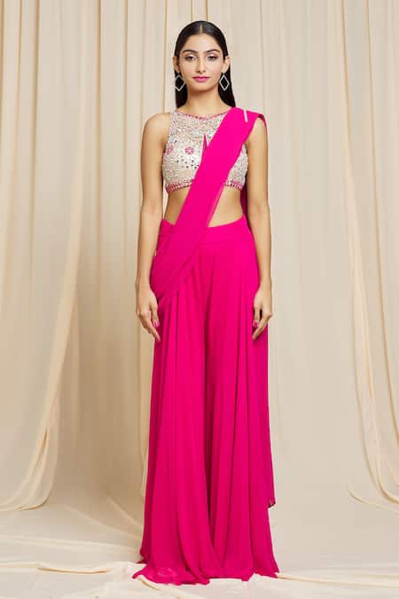 Buy Izzumi Mehta Pink Georgette Mirror Round Hand Embroidered Pant Saree Online at Aza Fashions Buy_Izzumi Mehta_Pink Georgette Mirror Round Hand Embroidered Pant Saree _Online_at_Aza_Fashions