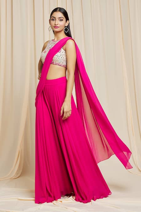 Shop Izzumi Mehta Pink Georgette Mirror Round Hand Embroidered Pant Saree Online at Aza Fashions Shop_Izzumi Mehta_Pink Georgette Mirror Round Hand Embroidered Pant Saree _Online_at_Aza_Fashions