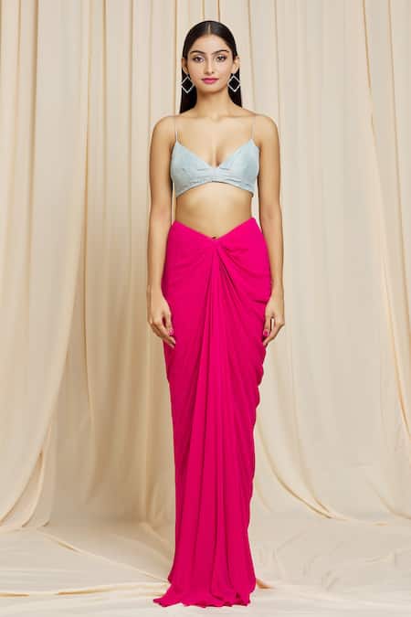 Izzumi Mehta Pink Georgette Mirror Plunge V Neck Draped Skirt And Embroidered Crop Top Set at Aza Fashions Izzumi Mehta_Pink Georgette Mirror Plunge V Neck Draped Skirt And Embroidered Crop Top Set _at_Aza_Fashions
