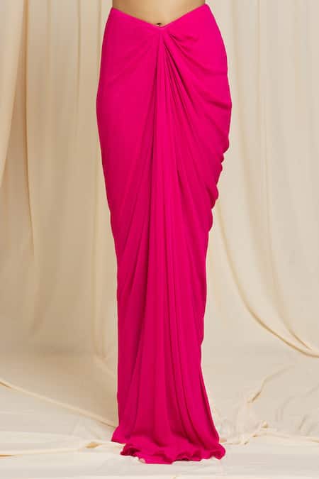 Shop Izzumi Mehta Pink Georgette Mirror Plunge V Neck Draped Skirt And Embroidered Crop Top Set Online at Aza Fashions Shop_Izzumi Mehta_Pink Georgette Mirror Plunge V Neck Draped Skirt And Embroidered Crop Top Set _Online_at_Aza_Fashions