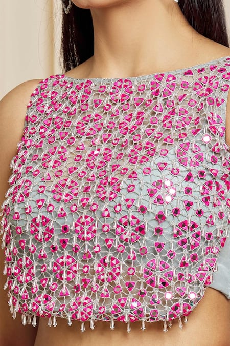 Buy Izzumi Mehta Pink Georgette Mirror Plunge V Neck Draped Skirt And Embroidered Crop Top Set Online at Aza Fashions Buy_Izzumi Mehta_Pink Georgette Mirror Plunge V Neck Draped Skirt And Embroidered Crop Top Set _Online_at_Aza_Fashions