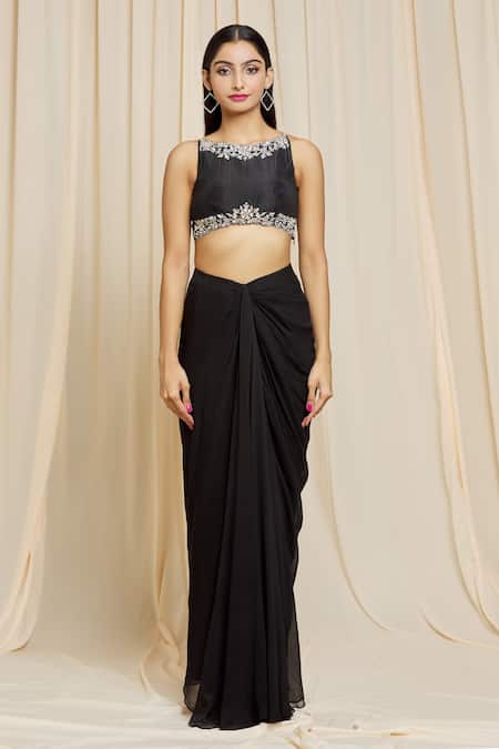 Izzumi Mehta Black Georgette Mirror Plunge V Neck Draped Skirt And Embroidered Top Set at Aza Fashions Izzumi Mehta_Black Georgette Mirror Plunge V Neck Draped Skirt And Embroidered Top Set _at_Aza_Fashions