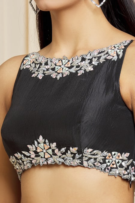 Shop Izzumi Mehta Black Georgette Mirror Plunge V Neck Draped Skirt And Embroidered Top Set Online at Aza Fashions Shop_Izzumi Mehta_Black Georgette Mirror Plunge V Neck Draped Skirt And Embroidered Top Set _Online_at_Aza_Fashions