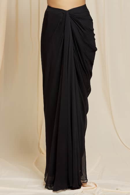 Izzumi Mehta Black Georgette Mirror Plunge V Neck Draped Skirt And Embroidered Top Set Online at Aza Fashions Izzumi Mehta_Black Georgette Mirror Plunge V Neck Draped Skirt And Embroidered Top Set _Online_at_Aza_Fashions