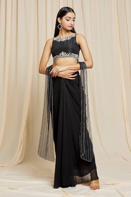 Buy Izzumi Mehta Black Georgette Mirror Plunge V Neck Draped Skirt And Embroidered Top Set Online at Aza Fashions Buy_Izzumi Mehta_Black Georgette Mirror Plunge V Neck Draped Skirt And Embroidered Top Set _Online_at_Aza_Fashions