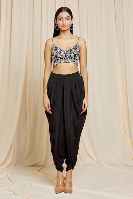 Izzumi Mehta Black Crepe Floral Plunge V Neck Hand Embroidered Jacket And Dhoti Pant Set at Aza Fashions Izzumi Mehta_Black Crepe Floral Plunge V Neck Hand Embroidered Jacket And Dhoti Pant Set _at_Aza_Fashions