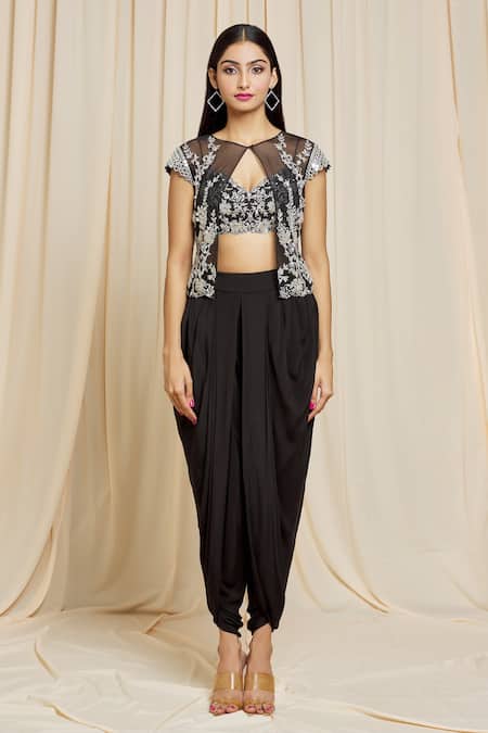 Buy Izzumi Mehta Black Crepe Floral Plunge V Neck Hand Embroidered Jacket And Dhoti Pant Set Online at Aza Fashions Buy_Izzumi Mehta_Black Crepe Floral Plunge V Neck Hand Embroidered Jacket And Dhoti Pant Set _Online_at_Aza_Fashions