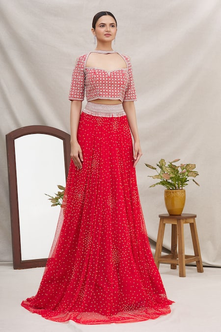 Ekta Singh_Red Silk, Net Round Embroidered Bridal Lehenga Set _Online_at_Aza_Fashions