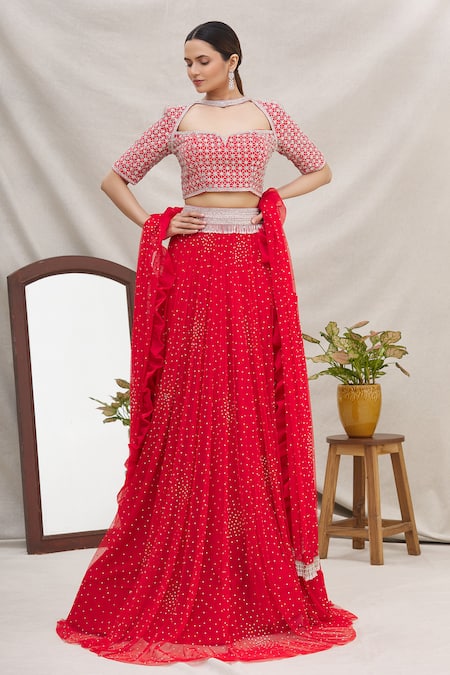 Buy_Ekta Singh_Red Silk, Net Round Embroidered Bridal Lehenga Set _Online_at_Aza_Fashions
