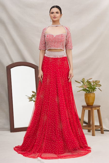 Shop_Ekta Singh_Red Silk, Net Round Embroidered Bridal Lehenga Set _Online_at_Aza_Fashions