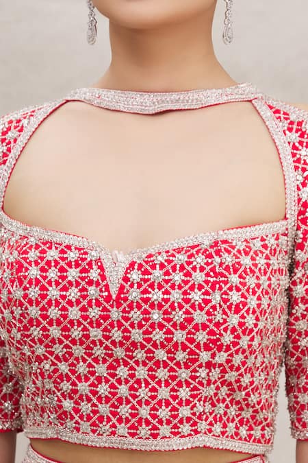 Ekta Singh_Red Silk, Net Round Embroidered Bridal Lehenga Set _at_Aza_Fashions