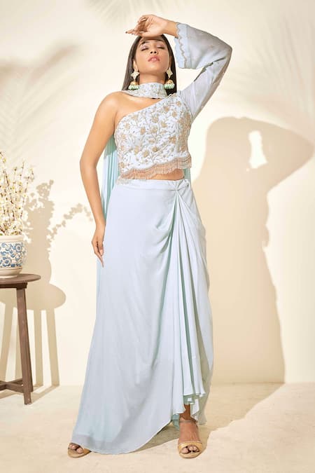 Suruchi Parakh_Blue Georgette Crepe Lining Shantoon Sequin, Cutdana And Crop Top & Skirt Set_Online_at_Aza_Fashions