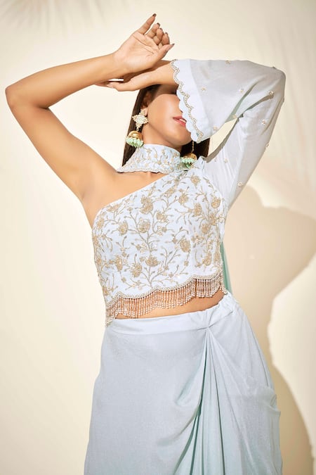 Buy_Suruchi Parakh_Blue Georgette Crepe Lining Shantoon Sequin, Cutdana And Crop Top & Skirt Set_Online_at_Aza_Fashions