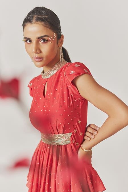 Buy_Anu Pellakuru_Red Muslin, Silk Cut Work, Sequins, Embroidery High Embellished Top With Sharara