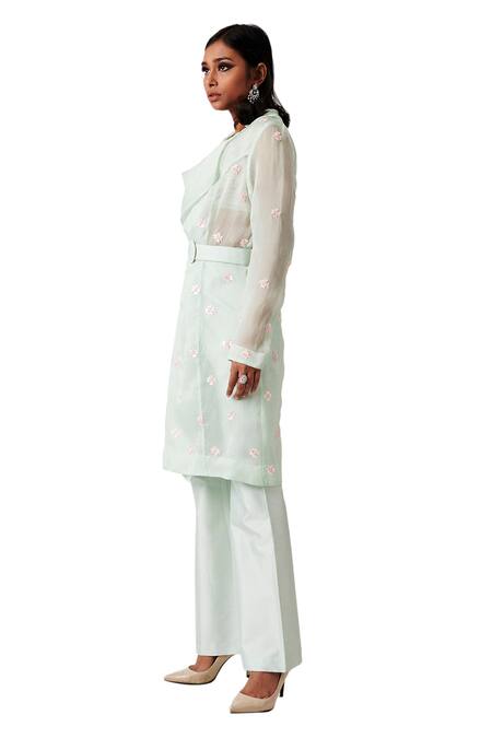 Amaare_Blue Organza Embroidery Notched Lapel Embellished Jacket And Pant Set _Online_at_Aza_Fashions