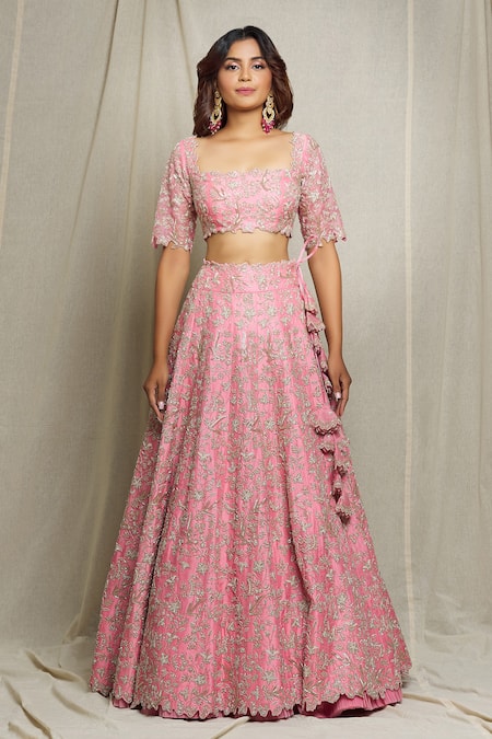 Buy_Anushree Reddy_Pink Organza Cutdana And Sequin Square Neck Embroidered Bridal Lehenga Set_Online_at_Aza_Fashions