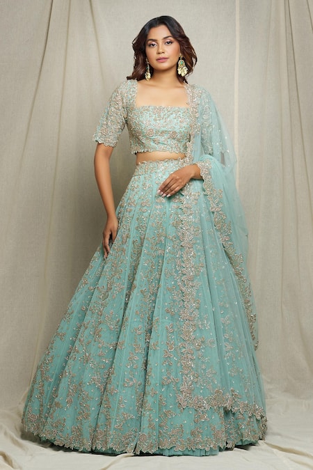 Buy Green Net Embroidery Cutdana And Sequin Square Neck Bridal Lehenga ...