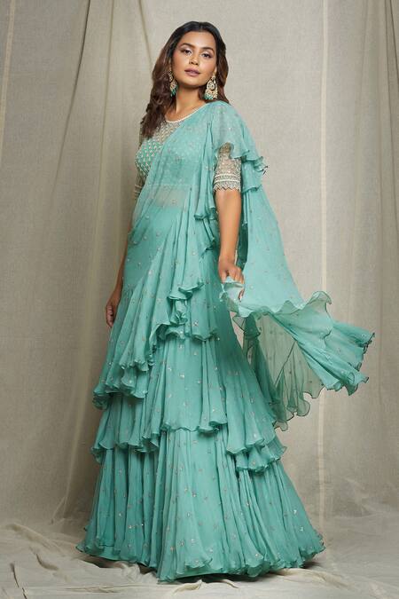 Anushree Reddy_Green Chiffon Beads And Sequin, Cutdana Round Pre-draped Ruffle Saree With Blouse_Online_at_Aza_Fashions