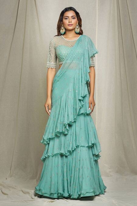 Buy_Anushree Reddy_Green Chiffon Beads And Sequin, Cutdana Round Pre-draped Ruffle Saree With Blouse_Online_at_Aza_Fashions