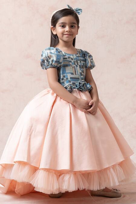 Thetaa_Pink Silk, Net, Satin, Polyester Geometric Print High Low Hem Layered Gown _Online_at_Aza_Fashions