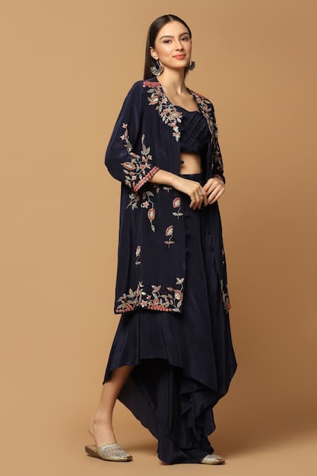 Buy_Two Sisters By Gyans_Blue Crepe Embroidery Sweetheart Neck Floral Cape And Draped Skirt Set _Online_at_Aza_Fashions
