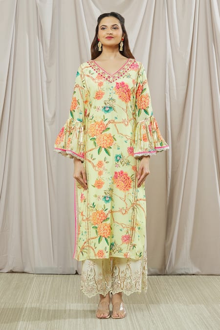 Gopi Vaid_Yellow Viscose, Cotton Embroidery, Gota Patti, Aashna Tunic And Palazzo Set _Online_at_Aza_Fashions