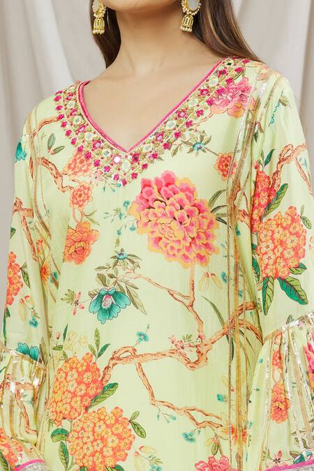 Shop_Gopi Vaid_Yellow Viscose, Cotton Embroidery, Gota Patti, Aashna Tunic And Palazzo Set _Online_at_Aza_Fashions