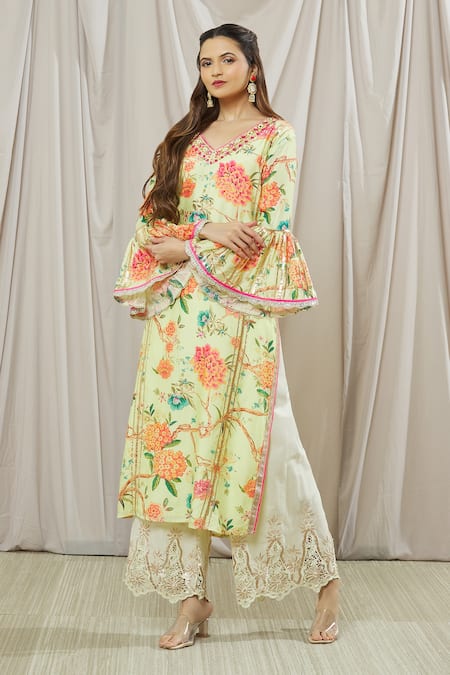Gopi Vaid_Yellow Viscose, Cotton Embroidery, Gota Patti, Aashna Tunic And Palazzo Set _at_Aza_Fashions