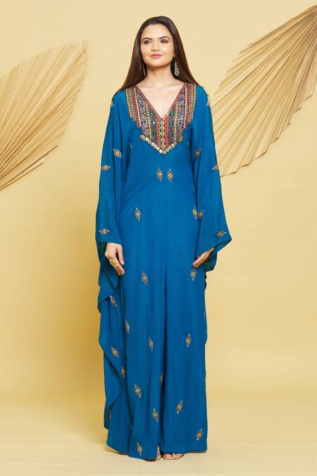 Rajat K Tangri Blue Crepe Tassels V-neck Embroidered Motifs Draped Jumpsuit at Aza Fashions Rajat K Tangri_Blue Crepe Tassels V-neck Embroidered Motifs Draped Jumpsuit _at_Aza_Fashions
