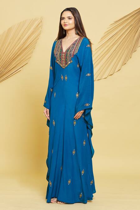 Rajat K Tangri Blue Crepe Tassels V-neck Embroidered Motifs Draped Jumpsuit Online at Aza Fashions Rajat K Tangri_Blue Crepe Tassels V-neck Embroidered Motifs Draped Jumpsuit _Online_at_Aza_Fashions