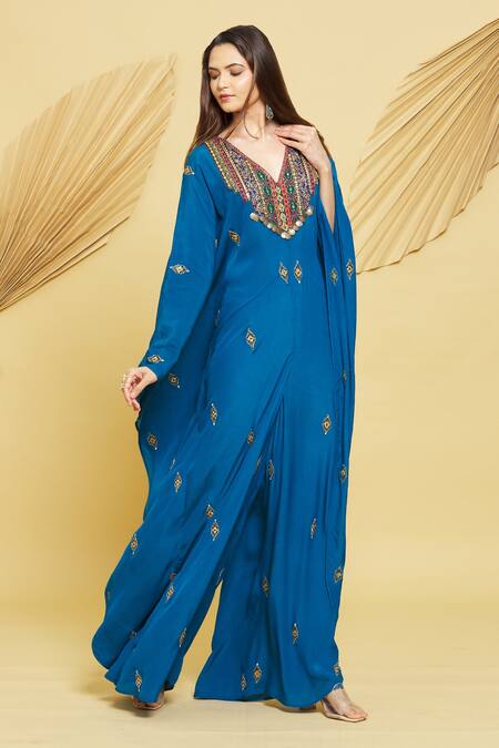 Buy Rajat K Tangri Blue Crepe Tassels V-neck Embroidered Motifs Draped Jumpsuit Online at Aza Fashions Buy_Rajat K Tangri_Blue Crepe Tassels V-neck Embroidered Motifs Draped Jumpsuit _Online_at_Aza_Fashions