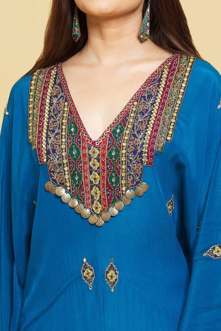 Shop Rajat K Tangri Blue Crepe Tassels V-neck Embroidered Motifs Draped Jumpsuit Online at Aza Fashions Shop_Rajat K Tangri_Blue Crepe Tassels V-neck Embroidered Motifs Draped Jumpsuit _Online_at_Aza_Fashions
