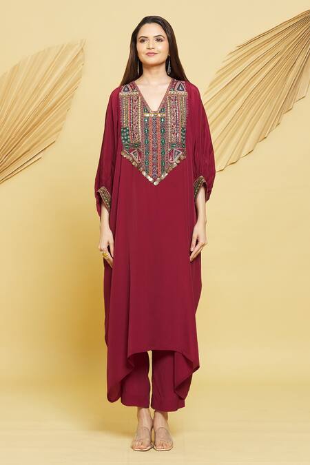 Rajat K Tangri Red Crepe Embroidery V-neck Yoke Kaftan Kurta And Pant Set Online at Aza Fashions Rajat K Tangri_Red Crepe Embroidery V-neck Yoke Kaftan Kurta And Pant Set _Online_at_Aza_Fashions