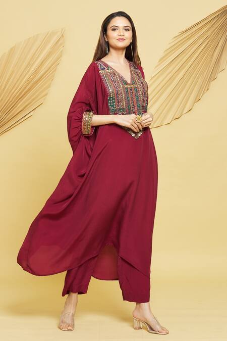 Buy Rajat K Tangri Red Crepe Embroidery V-neck Yoke Kaftan Kurta And Pant Set Online at Aza Fashions Buy_Rajat K Tangri_Red Crepe Embroidery V-neck Yoke Kaftan Kurta And Pant Set _Online_at_Aza_Fashions