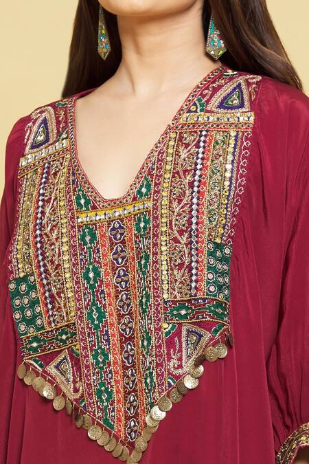 Shop Rajat K Tangri Red Crepe Embroidery V-neck Yoke Kaftan Kurta And Pant Set Online at Aza Fashions Shop_Rajat K Tangri_Red Crepe Embroidery V-neck Yoke Kaftan Kurta And Pant Set _Online_at_Aza_Fashions