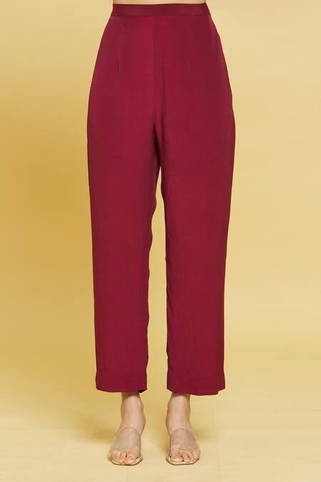 Rajat K Tangri Red Crepe Embroidery V-neck Yoke Kaftan Kurta And Pant Set at Aza Fashions Rajat K Tangri_Red Crepe Embroidery V-neck Yoke Kaftan Kurta And Pant Set _at_Aza_Fashions