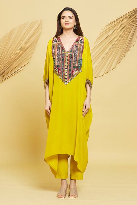 Rajat K Tangri Yellow Crepe Tassels V-neck Multi Embroidered Yoke Kaftan Kurta And Pant Set Online at Aza Fashions Rajat K Tangri_Yellow Crepe Tassels V-neck Multi Embroidered Yoke Kaftan Kurta And Pant Set _Online_at_Aza_Fashions