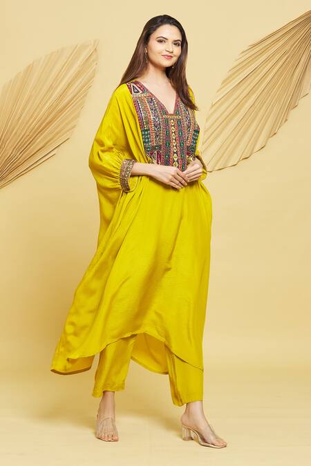 Buy Rajat K Tangri Yellow Crepe Tassels V-neck Multi Embroidered Yoke Kaftan Kurta And Pant Set Online at Aza Fashions Buy_Rajat K Tangri_Yellow Crepe Tassels V-neck Multi Embroidered Yoke Kaftan Kurta And Pant Set _Online_at_Aza_Fashions