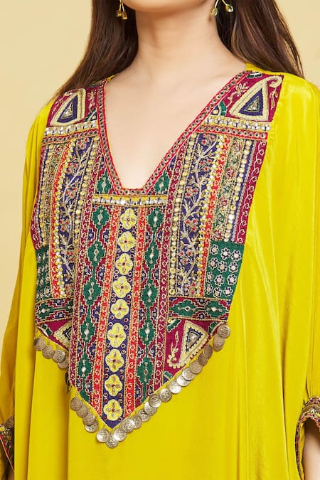 Shop Rajat K Tangri Yellow Crepe Tassels V-neck Multi Embroidered Yoke Kaftan Kurta And Pant Set Online at Aza Fashions Shop_Rajat K Tangri_Yellow Crepe Tassels V-neck Multi Embroidered Yoke Kaftan Kurta And Pant Set _Online_at_Aza_Fashions