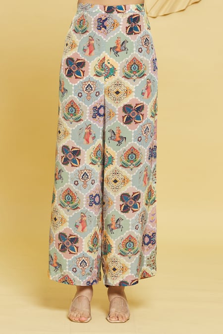 Rajat K Tangri Multi Color Crepe, Georgette Tassels Mughal Motifs Ruched Jacket And Pant Set at Aza Fashions Rajat K Tangri_Multi Color Crepe, Georgette Tassels Mughal Motifs Ruched Jacket And Pant Set _at_Aza_Fashions