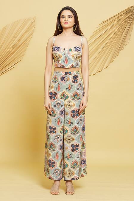 Rajat K Tangri Multi Color Crepe, Georgette Tassels Mughal Motifs Ruched Jacket And Pant Set Online at Aza Fashions Rajat K Tangri_Multi Color Crepe, Georgette Tassels Mughal Motifs Ruched Jacket And Pant Set _Online_at_Aza_Fashions