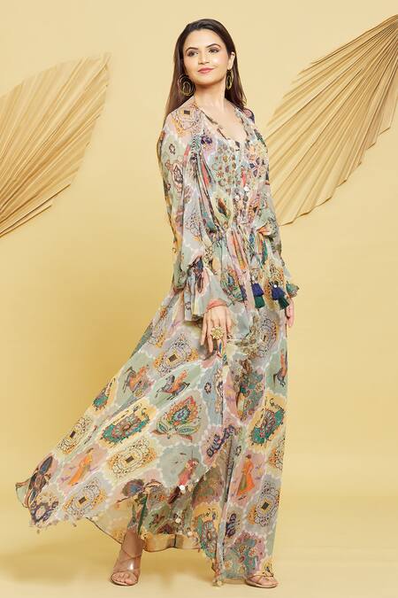 Buy Rajat K Tangri Multi Color Crepe, Georgette Tassels Mughal Motifs Ruched Jacket And Pant Set Online at Aza Fashions Buy_Rajat K Tangri_Multi Color Crepe, Georgette Tassels Mughal Motifs Ruched Jacket And Pant Set _Online_at_Aza_Fashions